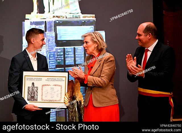 Belgian Bart Swings, Princess Astrid of Belgium and Bruxelles-Brussel mayor Philippe Close pictured during the award ceremony for the National Trophy of Sports...