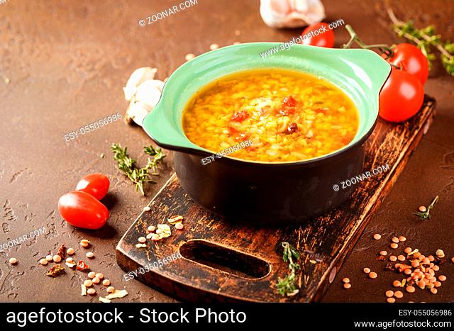 Vegetarian Lentil soup - Masoor Dal or Dal Tadka Curry, vegan cuisine