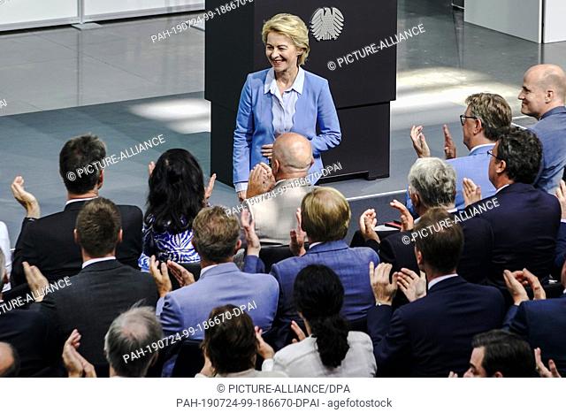 24 July 2019, Berlin: Members of the Bundestag applaud Ursula von der Leyen (CDU), outgoing Minister of Defence and President of the European Commission