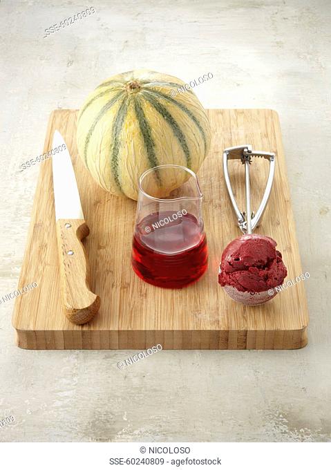 Ingredients for caramelized melon with blackcurrant syrup and ice cream