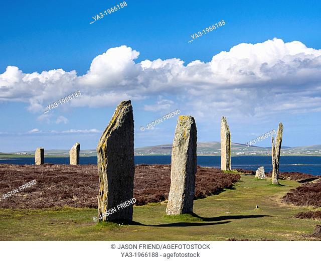Scotland, Orkney Islands, The Ring of Brodgar. The Ring of Brodgar, a Neolithic stone circle and henge monument on the mainland of Orkney, Scotland