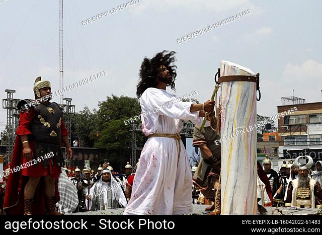 MEXICO CITY, MEXICO - APR 15, 2022: Axel Gonzalez that stands for Jesus Christ takes part during the ""Good Friday"" in the 179th representation of the Passion...