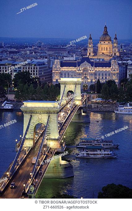 Chain Bridge, Gresham Palace, Basilica. Budapest. Hungary