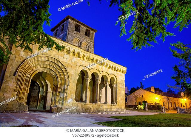 Facade of Romanesque church, night view. Sotosalbos, Segovia province, Castilla Leon, Spain