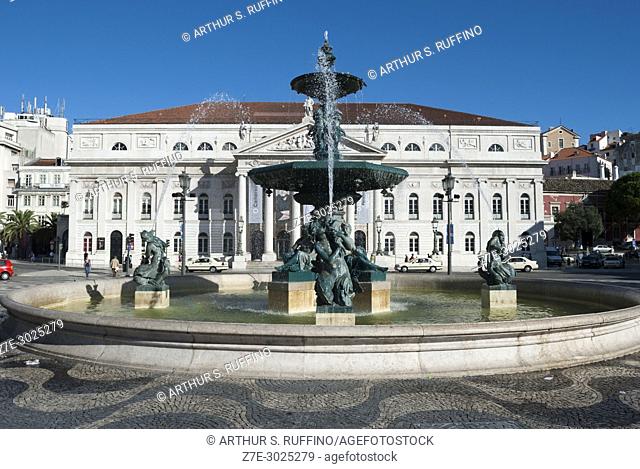 Baroque fountain in Rossio Square (Praça do Rossio, Praça de D. Pedro IV, Pedro IV Square), Pombaline Downtown, Baixa district, Lisbon, Portugal, Europe