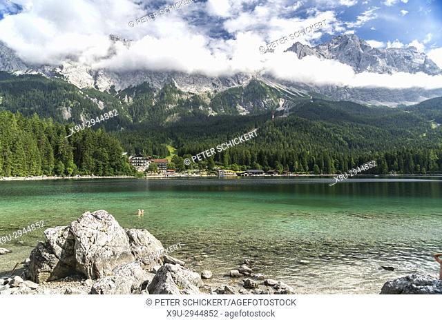 Lake Eibsee at the base of the Zugspitze, Germany's highest mountain, Grainau, Bavaria, Germany