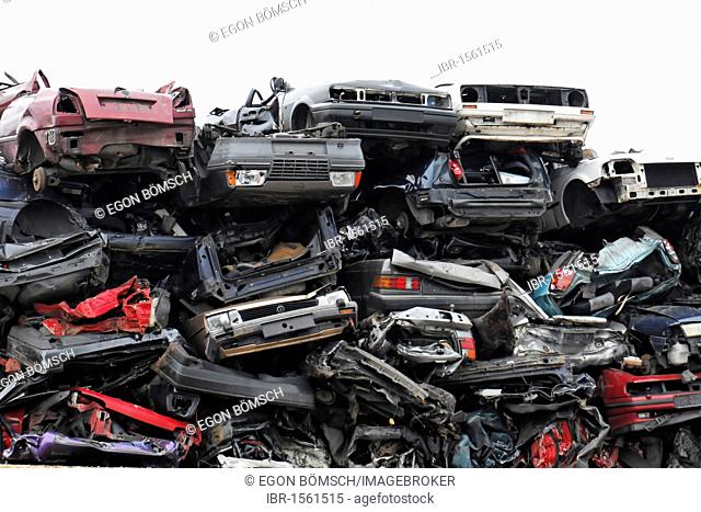 Scrap cars stacked in the port, Hanseatic city of Hamburg, Germany, Europe