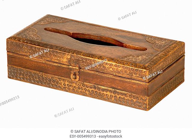 Brass design fitting on antique wooden box ; Jodhpur ; Rajasthan ; India