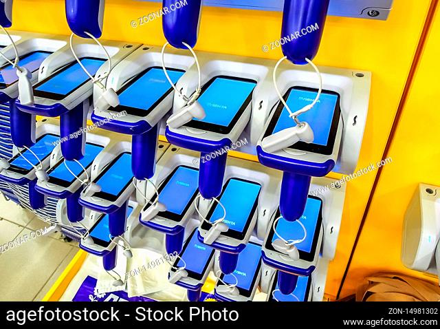 Samara, Russia - January 12, 2020: Barcode scanners at the Lenta superstore - used by customers to scan barcodes on goods they want to buy for a quick checkout