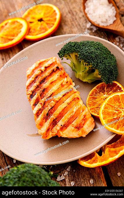 Slice of grilled salmon on a dish