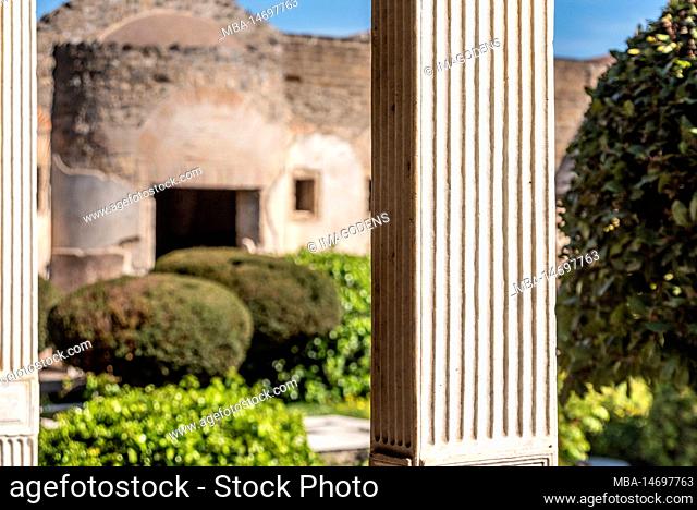 Pompeii, Italy, Colonnade and garden in the Roman villa Praedia of Giulia Felice in Pompeii, Southern Italy