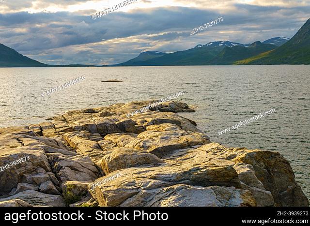 Landscape with mountains and lake in Stora sjöfallet national park, Swedish Lapland, Sweden
