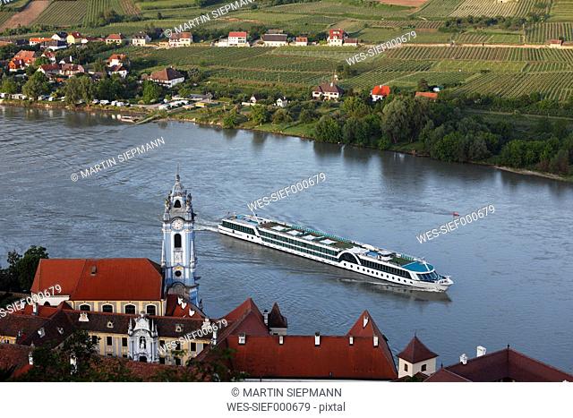 Austria, Lower Austria, Wachau, Duernstein, View of boat in danube river