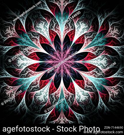 Beautiful fractal flower in black, pink and blue. Computer generated graphics