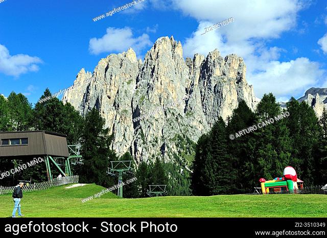 The Rosengarten or Catinaccio group in the Dolomites. They are a mountain range declared a UNESCO World Heritage Site. Trentino province, Italy