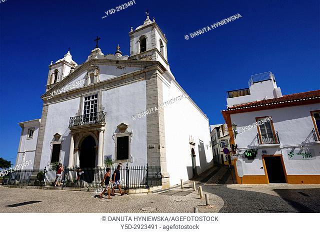 street scene in historic part of Lagos city, Praca Infante Dom Henrique, Igreja de Santa Maria, Algarve, Portugal, Europe