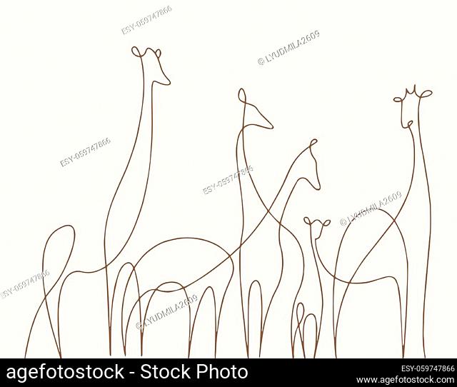 One line giraffes . Hand drawn linear sketch. Vector graphic animal