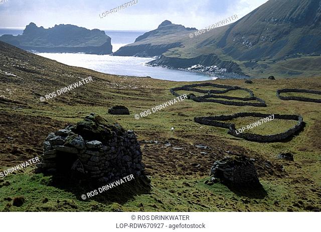 A cleit and stone enclosures on the island of Hirta, one of four volcanic islands that make up the archipelago of St Kilda