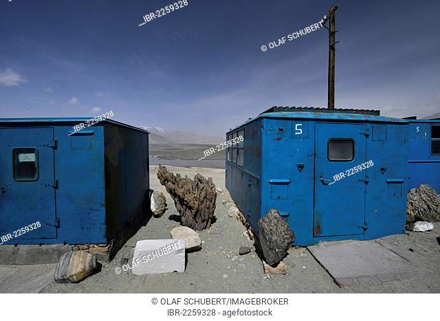 Simple blue containers, house boxes, storage containers, shops of the Kazakhs i the Kungur Moutains, Silk Road, Pamir, Xinjiang, China, Asia