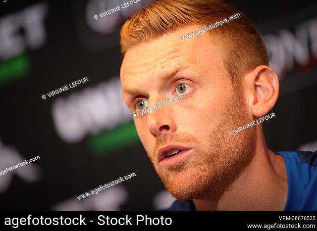Charleroi's head coach Edward Still pictured during the weekly press conference of Belgian soccer team Sporting Charleroi, Friday 12 August 2022 in Charleroi