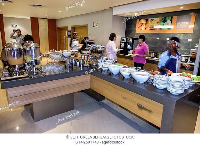 South Africa, African, Cape Town, City Centre, center, St. George's Mall, Holiday Inn Express, hotel, breakfast room, restaurant, inside, buffet line, food