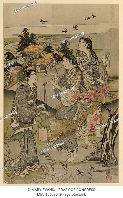 Plovers at Tamagawa. Print shows three women(?) watching plovers dive over the Tama River. Date between 1780 and 1820