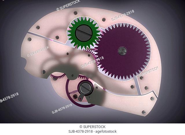 Representation of the human mind as a gear system which represents ideas about the process of human thought process and the functioning of mental capacities