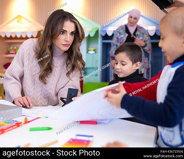 Queen Rania of Jordan and Princess Ghida Talal at the King Hussein Cancer Center in Amman, on November 29, 2023, during a visit with children evacuated from...