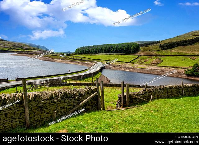 Beautiful countryside landscape with lake and road Yorkshire UK