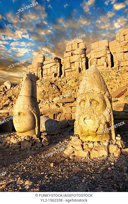 Image of the statues of around the tomb of Commagene King Antochus 1 on the top of Mount Nemrut, Turkey .  In 62 BC, King Antiochus I Theos of Commagene built...