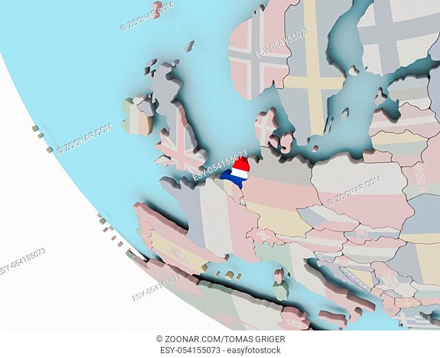 Map of Netherlands on political globe with embedded flags. 3D illustration