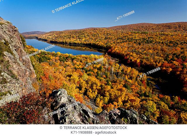 The Porcupine Mountains State Park and the Lake of the Clouds with fall foliage color from the Lake of the Clouds overlook near Ontonagon, Michigan, USA
