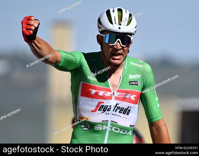 Danish Mads Pedersen of Trek-Segafredo celebrates after winning stage 13 of the 2022 edition of the 'Vuelta a Espana', Tour of Spain cycling race