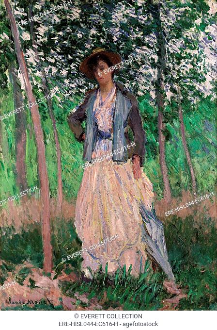 The Stroller (Suzanne Hoschede) by Claude Monet, 1887, French impressionist painting, oil on canvas. Suzanne was the daughter of Monets long time mistress