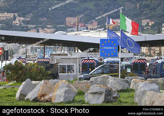 Menton, France - January 7, 2022: French-Italian border, French Police and Italian Military control the Border, Douane in Menton and Ventimiglia