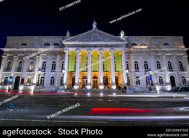 View of the beautiful National Theater D. Maria II located in Lisbon, Portugal