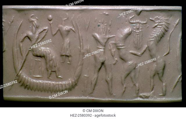 Akkadian cylinder-seal impression showing the flood-epic. Utanapishtim is in the ark, and Gilgamesh is fighting the Bull
