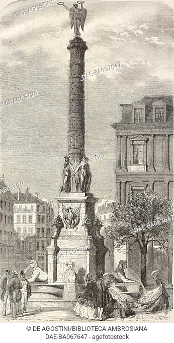 A fountain with a column standing out, and with sphinx sculptures, Paris, France, illustration from the magazine L'Illustration, Journal Universel, vol 33