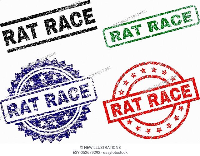 RAT RACE seal prints with damaged style. Black, green, red, blue vector rubber prints of RAT RACE title with grunge style