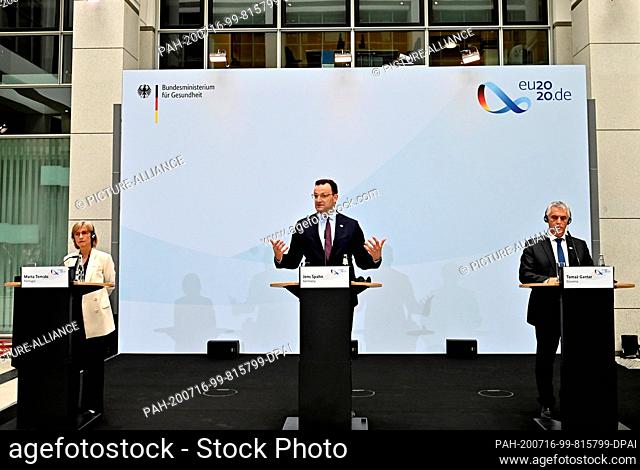 16 July 2020, Berlin: Jens Spahn (CDU, M), Federal Minister of Health, and his counterparts Marta Temido, Minister of Health of Portugal, and Tomaz Gantar