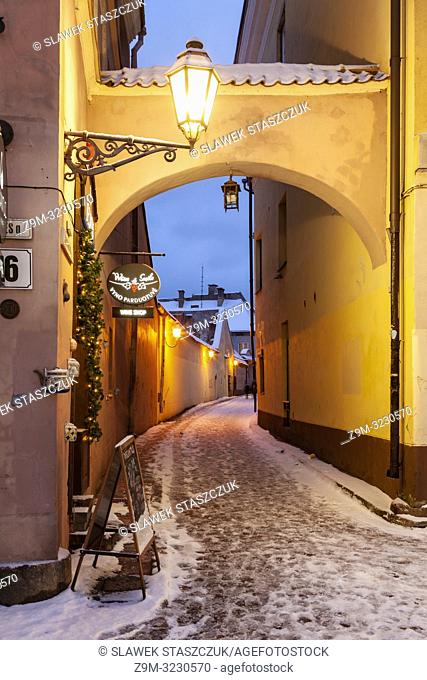 Winter evening in Vilnius old town, Lithuania