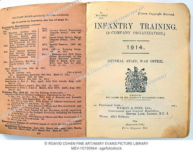 'Book entitled 'Infantry Training (4-Company Organization) 1914. Published by His Majesty's Stationery Office. Purchased from Wyman & Sons Ltd