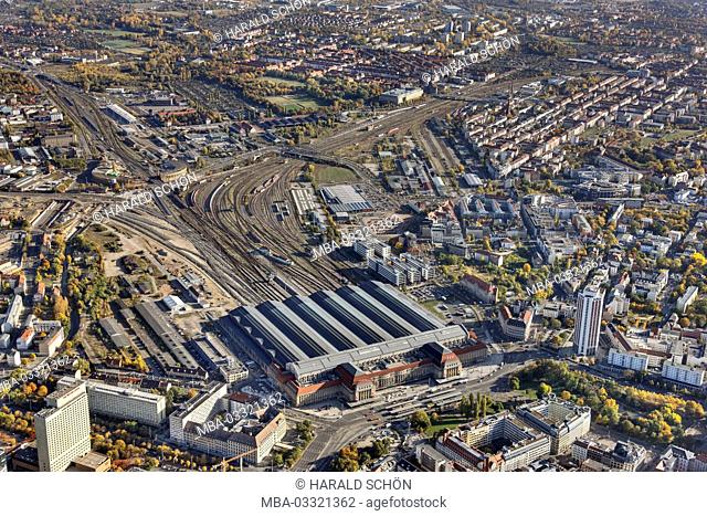 Germany, Saxony, Leipzig, railroad station, tracks, trains, houses, from above, aerial chot