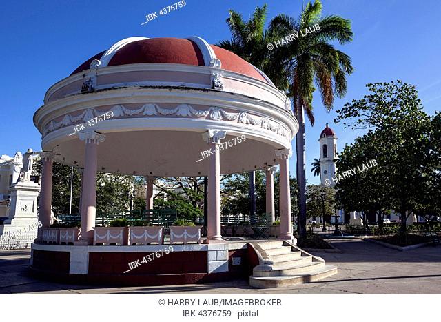 Pavilion in the park, Parque Jose Marti, in background the cathedral, Catedral de la Purisima Concepcion, Cienfuegos, Cienfuegos Province, Cuba