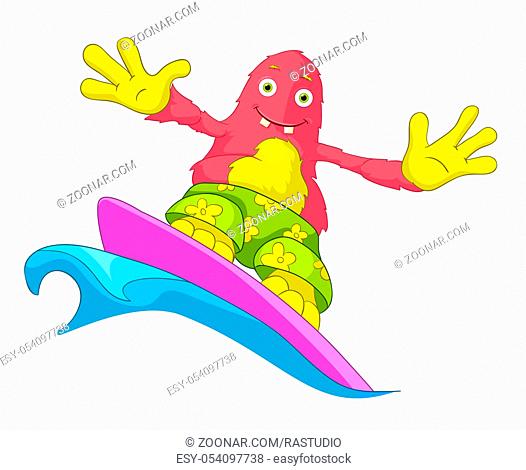 Cartoon Character Funny Monster Isolated on Grey Gradient Background. Surfing. Vector EPS 10