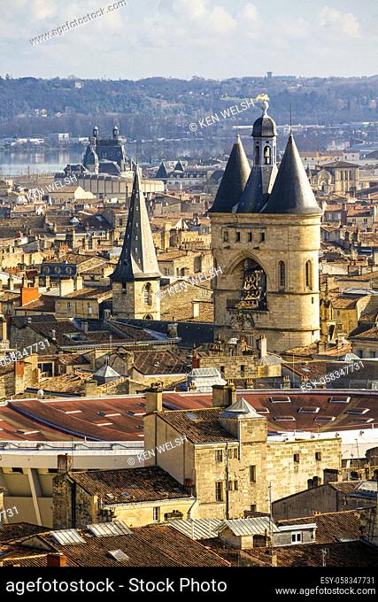Bordeaux, Gironde Department, Aquitaine, France. High view over rooftops to Porte de la Grosse Cloche and to the left the spire of St Eloi church