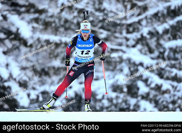 12 January 2022, Bavaria, Ruhpolding: Biathlon: World Cup, sprint 7.5 km, women. Tiril Eckhoff from Norway on the track. Photo: Sven Hoppe/dpa