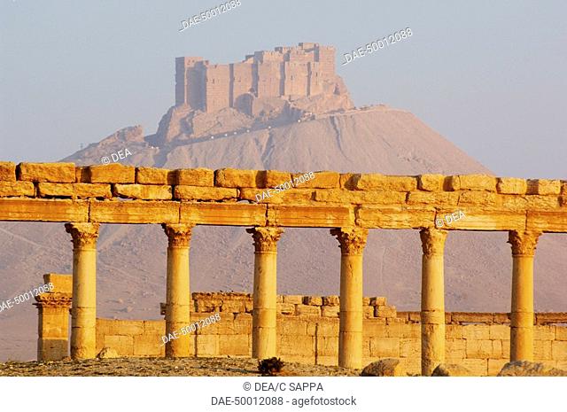 Syria - Palmyra. Ancient Palmyra. UNESCO World Heritage List, 1980. Ruins of city, 1st-2nd century AD, and Arab fortification Qal'at ibn Ma'an in the background