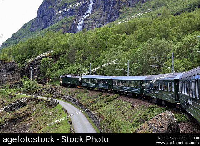 A train on the Flam Railway near Flam town, Aurlandsfjorden Fjord, Sogn Og Fjordane region of Norway, Scandinavia, Europe