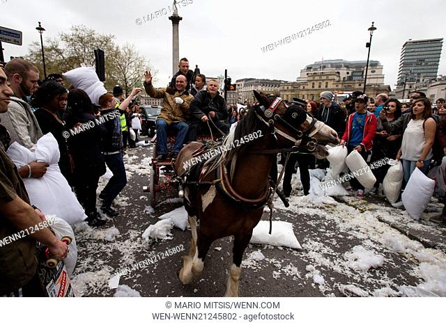 Cleanup after the International Pillow Fight 2014 in Trafalgar Square Featuring: Horse and cart getting harassed during the clean up after the International...